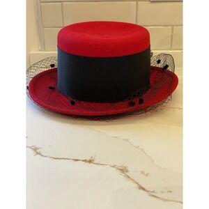 Vintage Viyella Wool Felt Hat Women Red Black Mesh Net Cover Church UK Guild